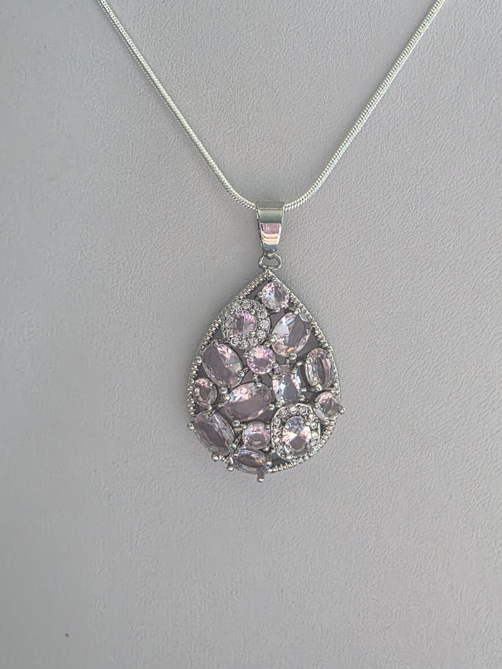 Silver Filled Teardrop Necklace with Light Pink Created Kunzite Stones